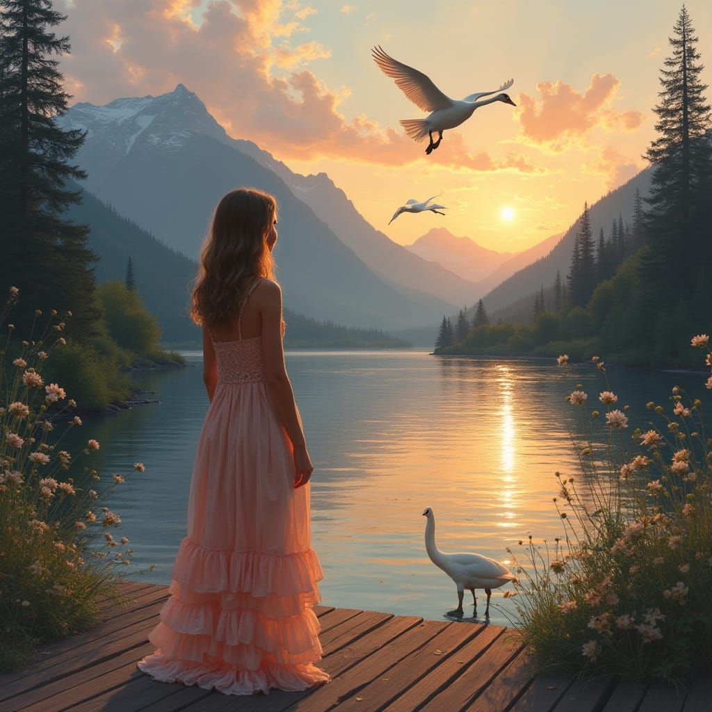 Peaceful Evening Landscape with Elegant Girl and Majestic Mo...