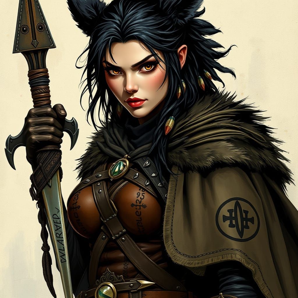 Fierce Warrior Maiden in Dark Leather Armor