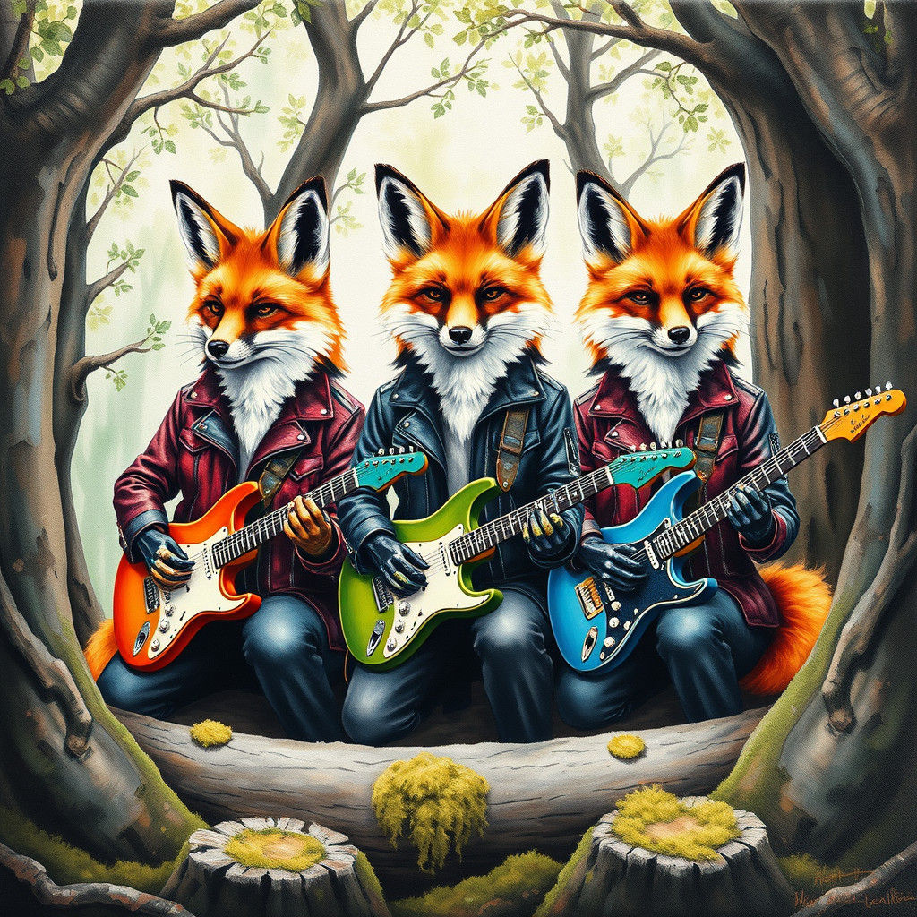 Punk Foxes' Forest Concert: Gouache-Style Masterpiece
