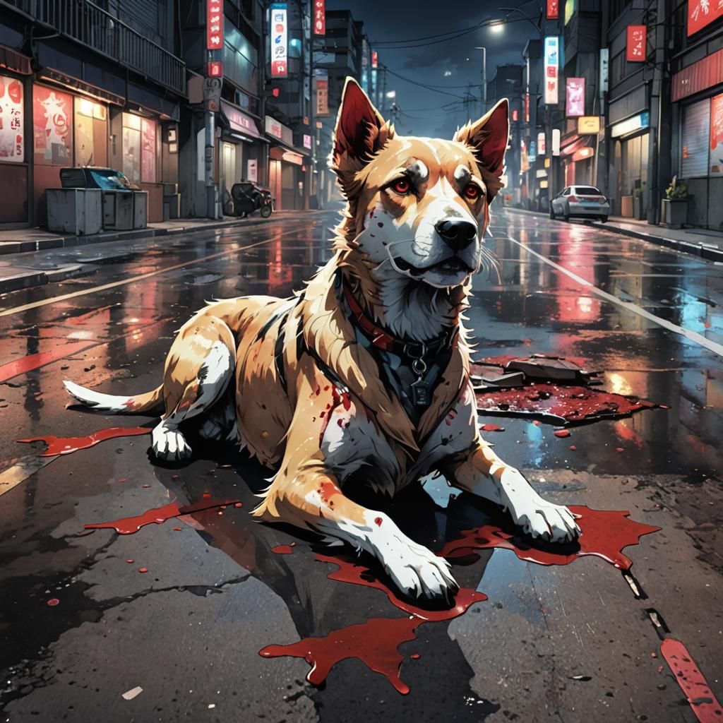 Tragic Anime Dog in City Street Watercolor