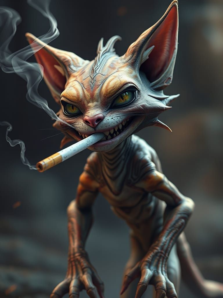 Detailed Alien Cat Smoking Digital Art