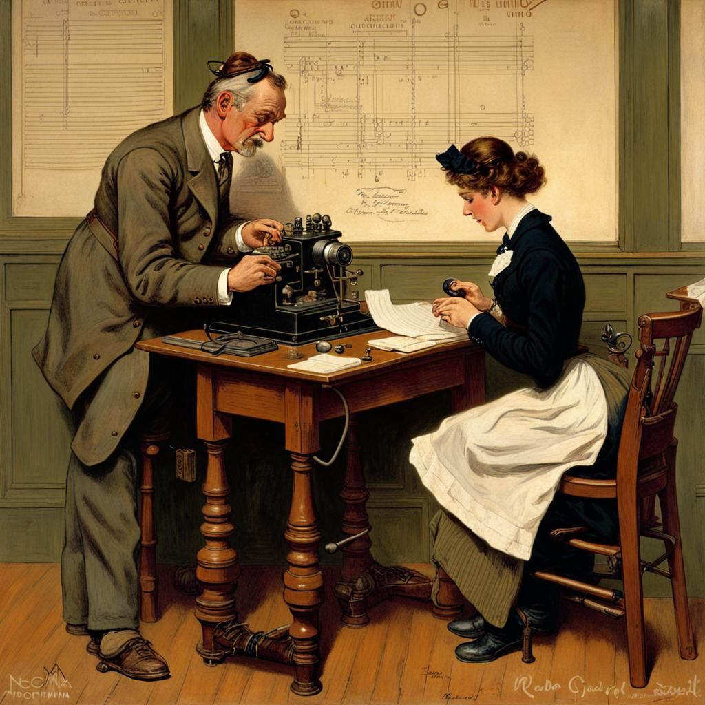 1880s telegraph operator sending morse code by Norman Rockwell