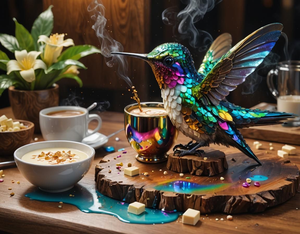 Iridescent Hummingbird with Coffee, Hyperrealistic Art