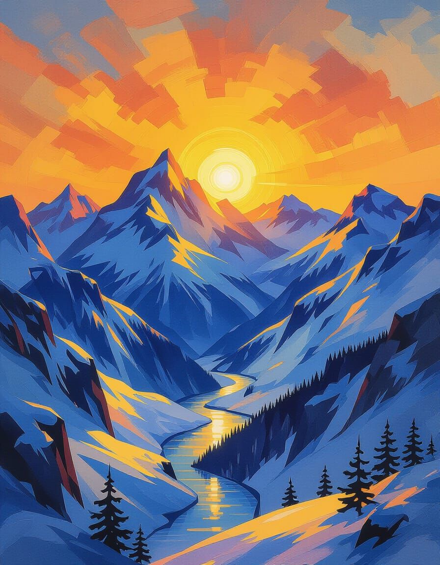 Majestic Sunrise Over Snowy Mountains in Impressionist Style