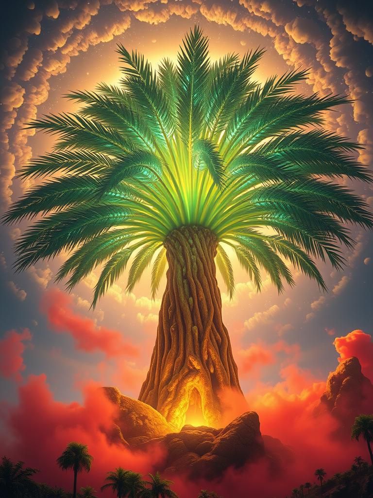 Iridescent Palm Tree of Life in Fantasy Style
