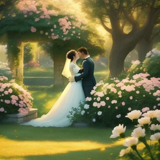 Couple Kissing in Garden, Romantic Realism Style