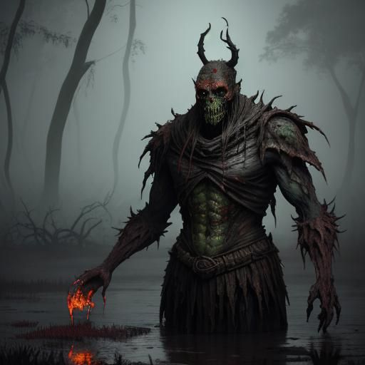 Grotesque Clay Monster in Murky Swamp