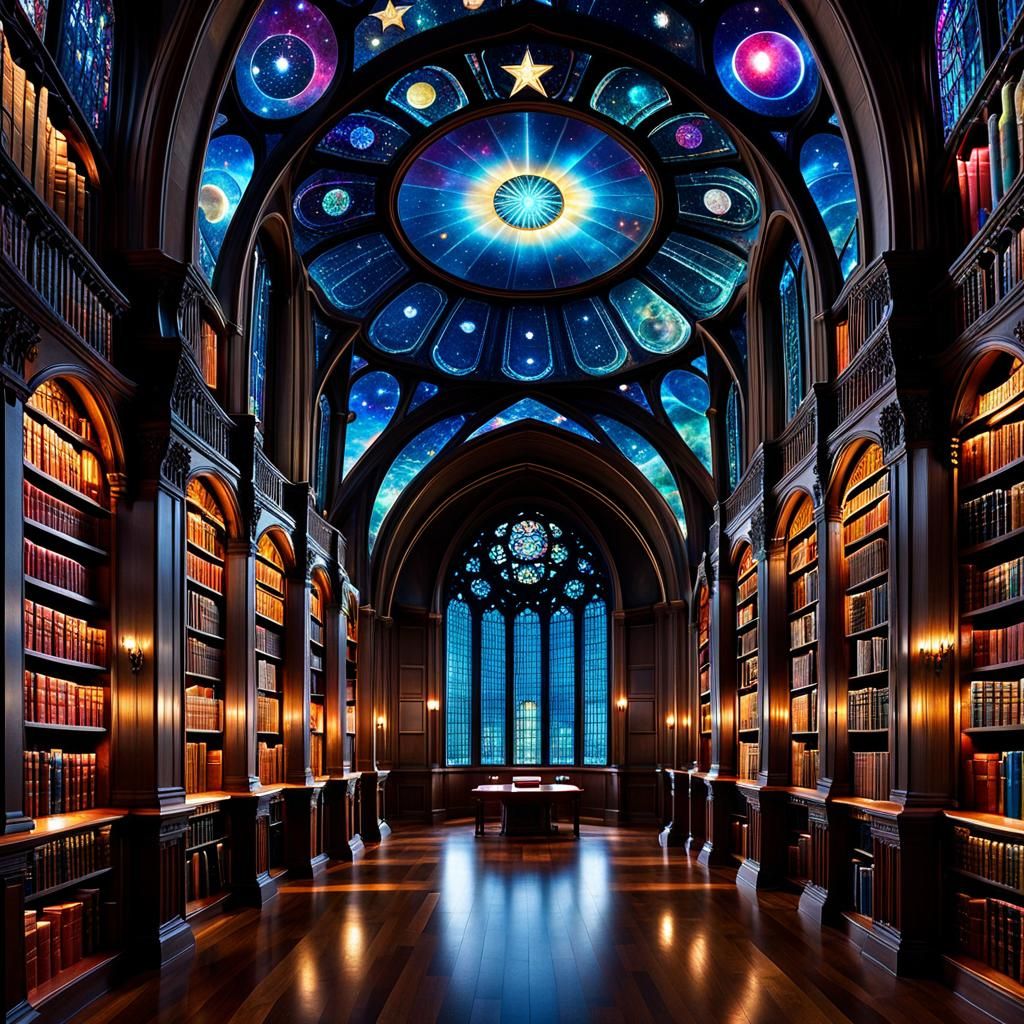 Cosmic Library in Space with Stained Glass Architecture