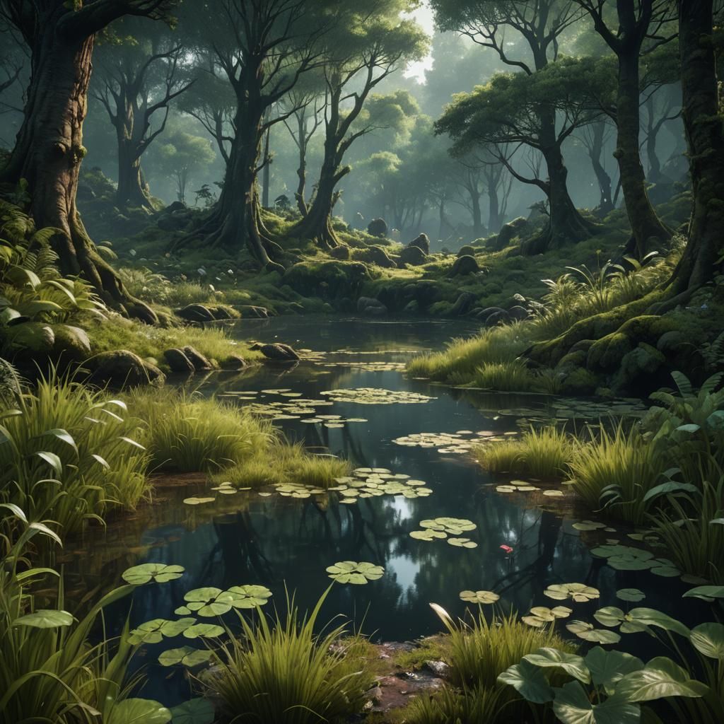 Lush Pond in Dark Forest: Fantasy Concept Art