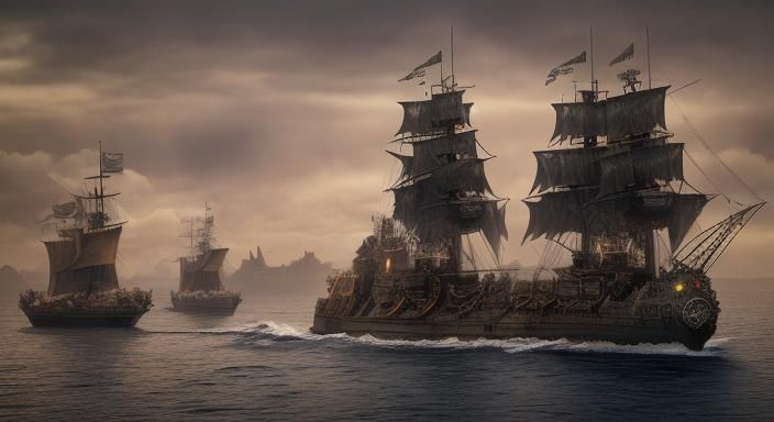 Steampunk Viking Battleship with Castle at Night
