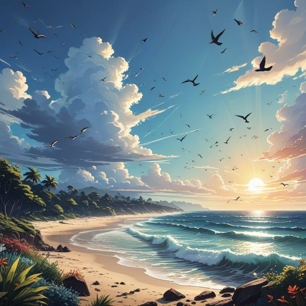 Breezy Coastal Scene with Birds in Flight