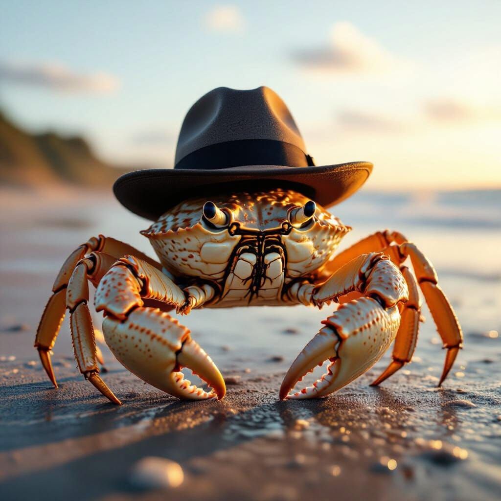 Photorealistic King Crab in Fedora Hat on Shore