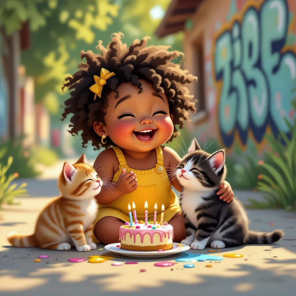Girl Greets Kittens on Birthday Ride in Graffiti Style