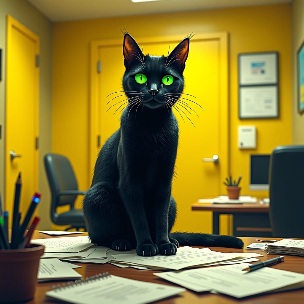 Black Cat in Futuristic Office, Digital Art