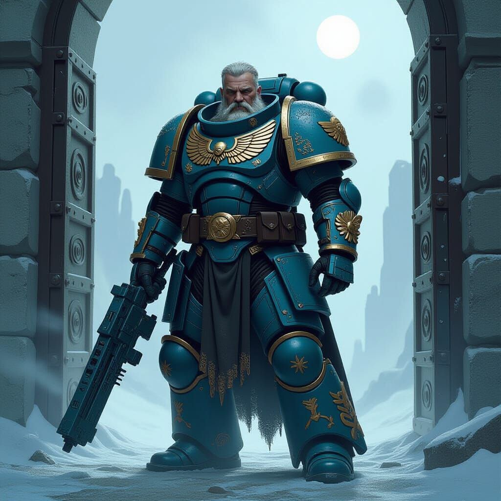 Space Marine Guarding Lunar Fortress in Fantasy Art Style