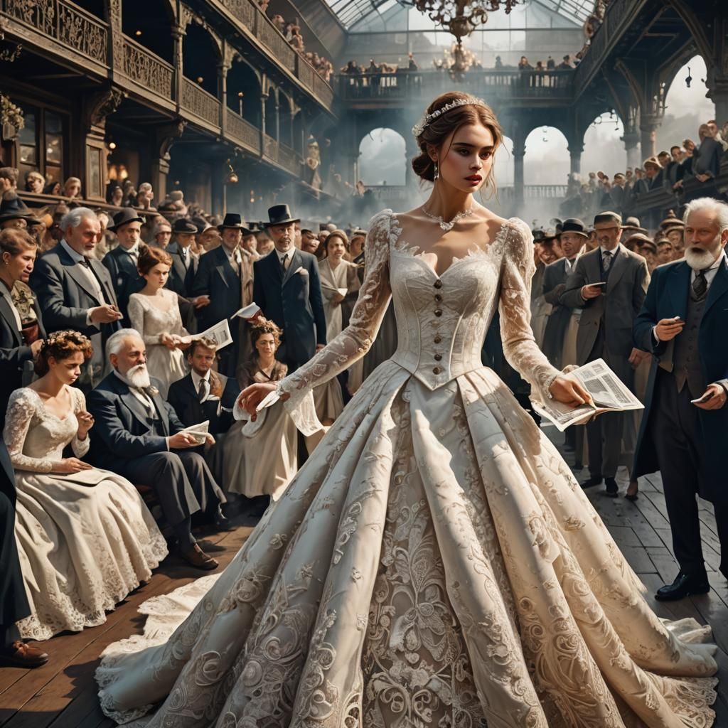 Woman in Tea-Length Wedding Dress on Catwalk