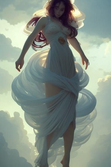 Woman in Cloud Dress: Hyperdetailed Art Nouveau Portrait
