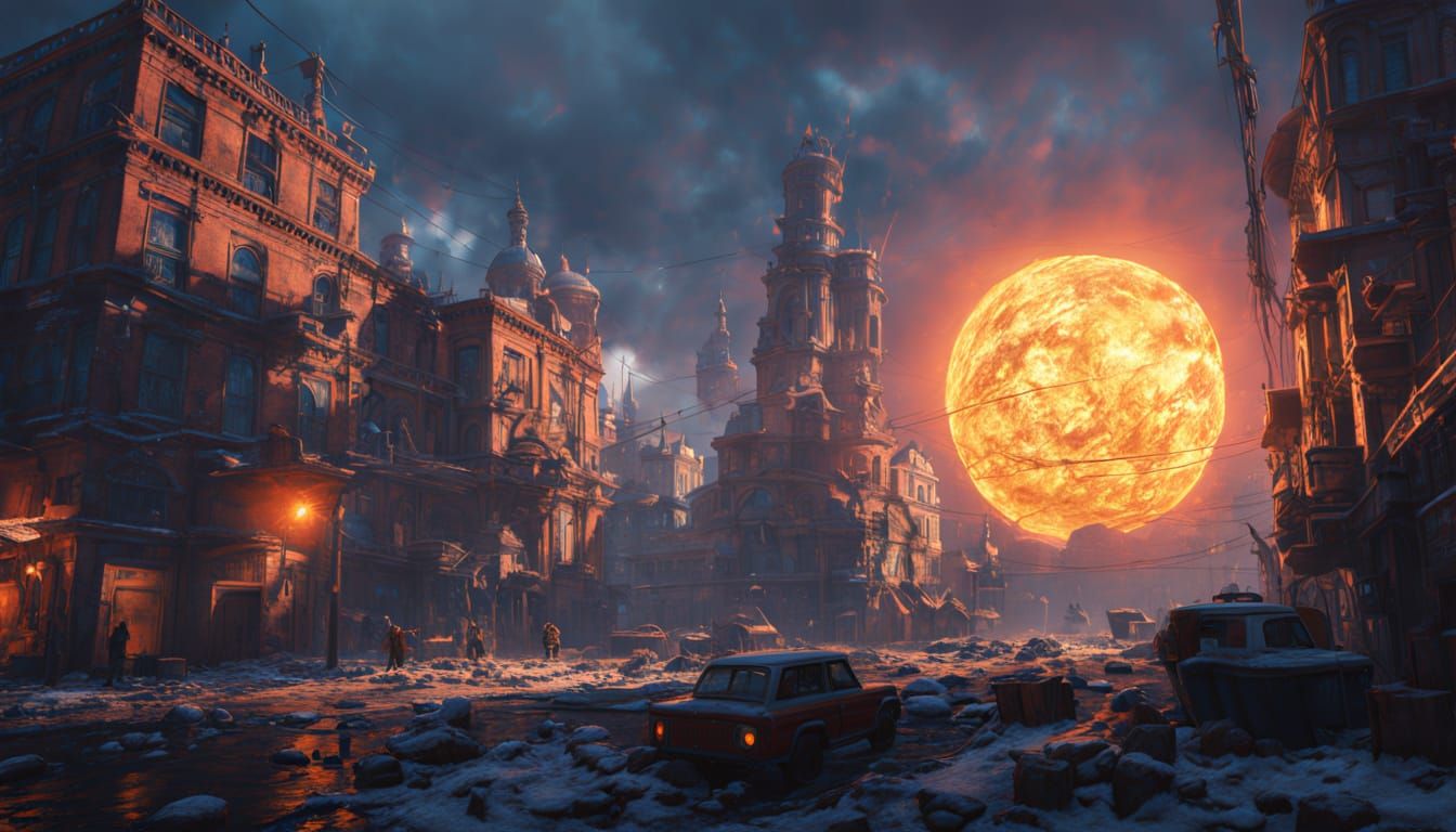 Surreal Cityscape Erupts with Blazing Sun in Vibrant, Hyper-...