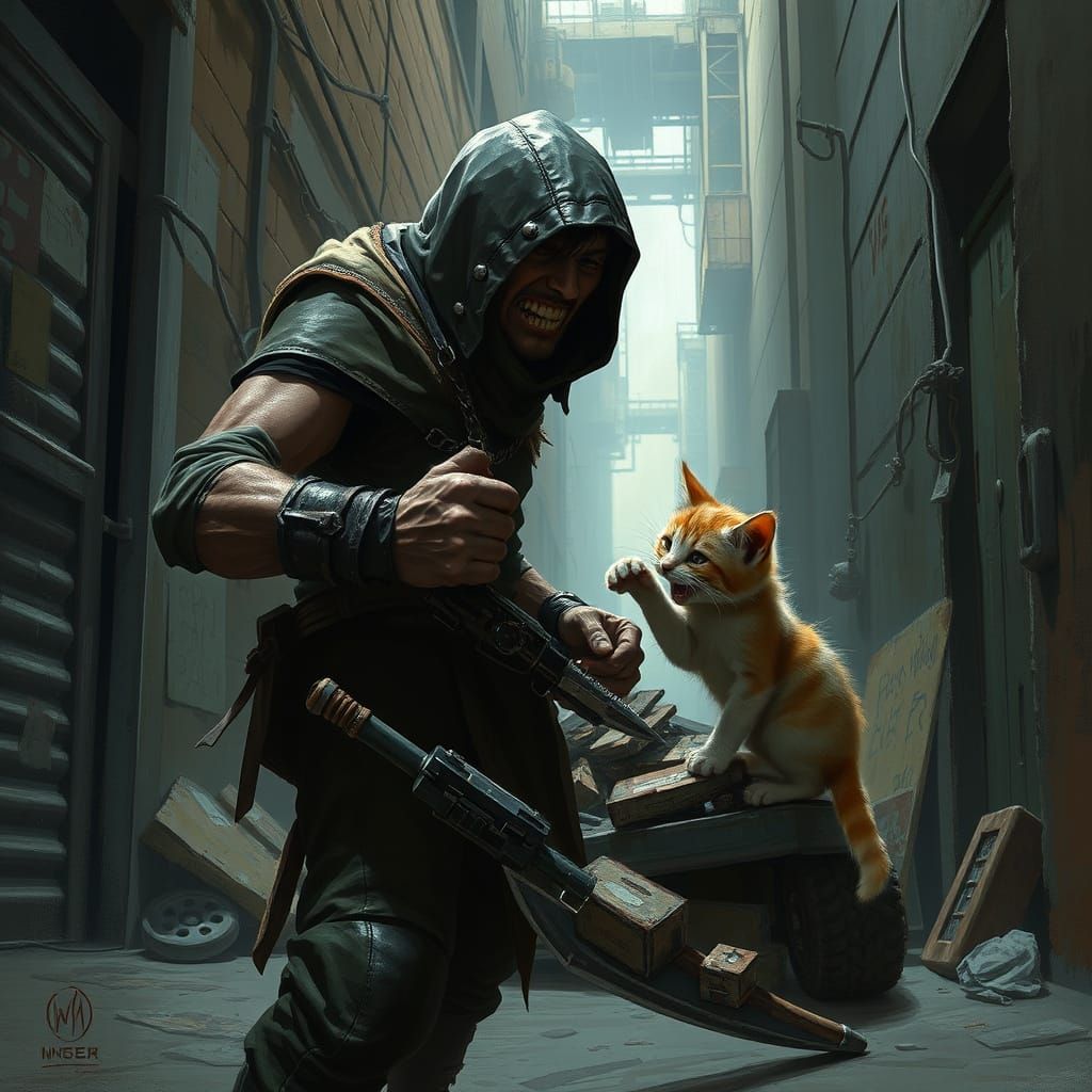Tough Scavenger Startled by Fluffy Kitten in Grimy Alley