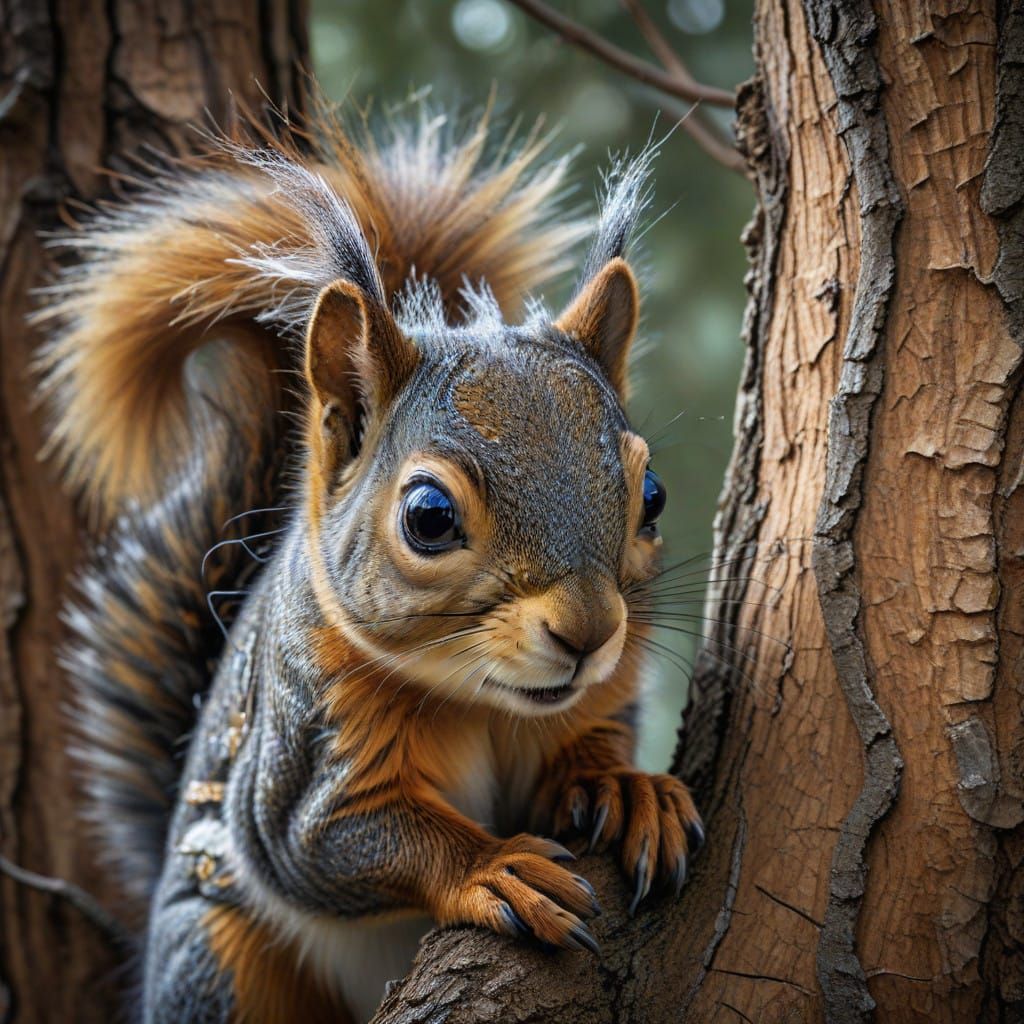 Cute Squirrel Perched on Tree Trunk in Whimsical Chalk Art