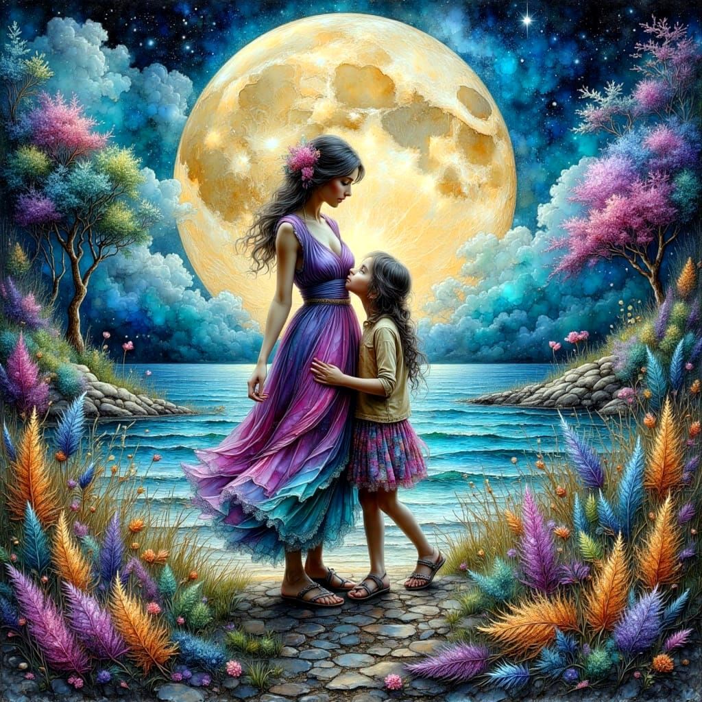 Watercolor Portrait of Mother and Daughter