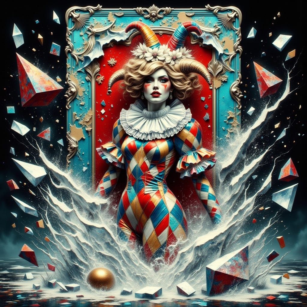 Harlequin Woman Emerges from Tarot Card in Art Nouveau Style