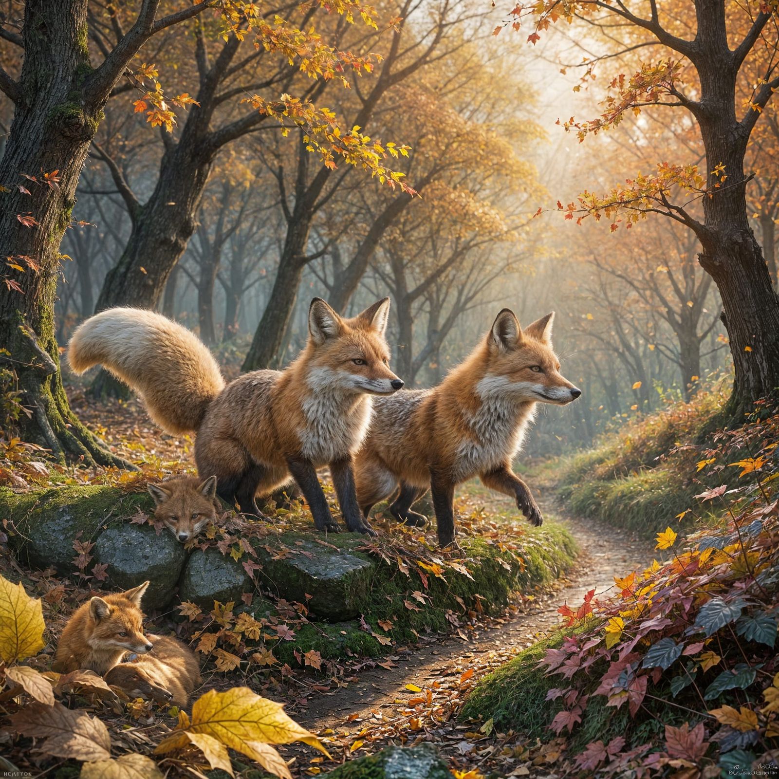 Fox and Badger Play in Magical Autumn Glade
