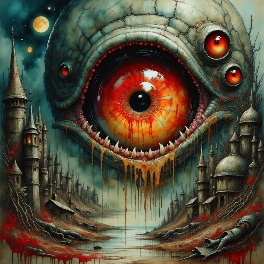 Menacing Biomechanical Eye with Dystopian Landscape