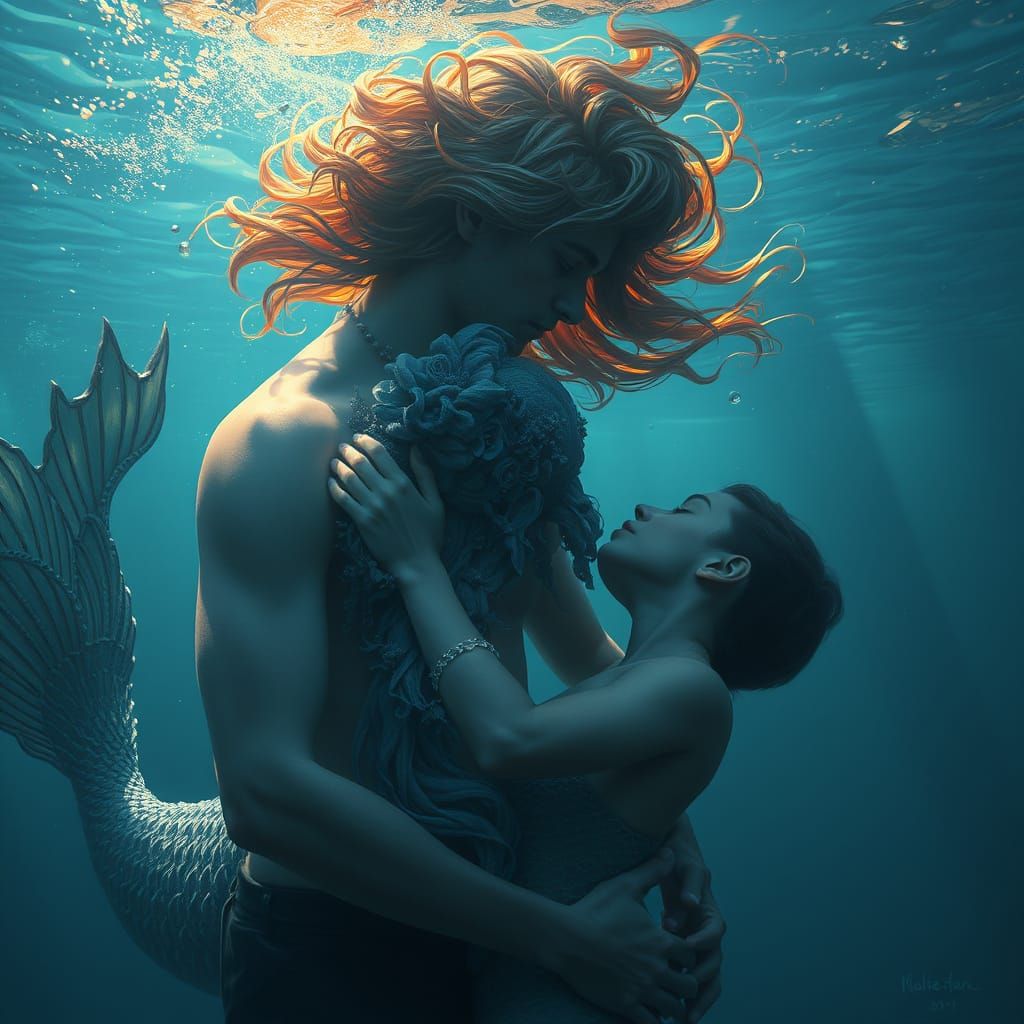 Mermaid and Human Lover Kissing Underwater in Gothic Style
