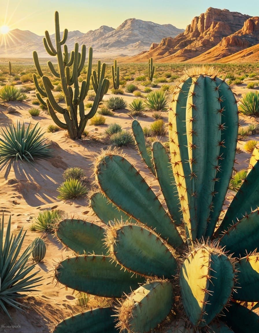 Jojoba Bush in Geometric Desert Art Painting