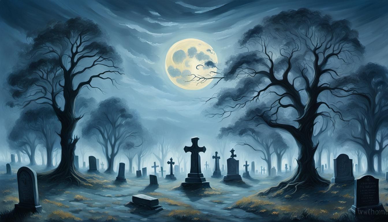 Moonlit Graveyard in Ethereal, Dreamy Oil Painting