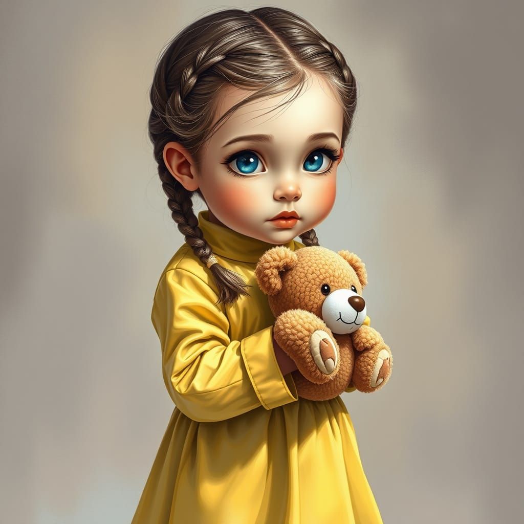 Modest Young Girl in a Yellow Sarafan, Holding a Teddy Bear