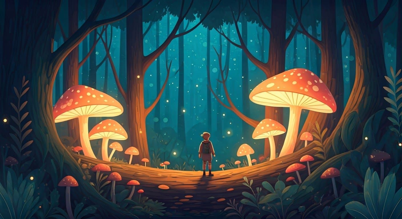 Mystical Forest Adventure in Surreal Pastel Art Style