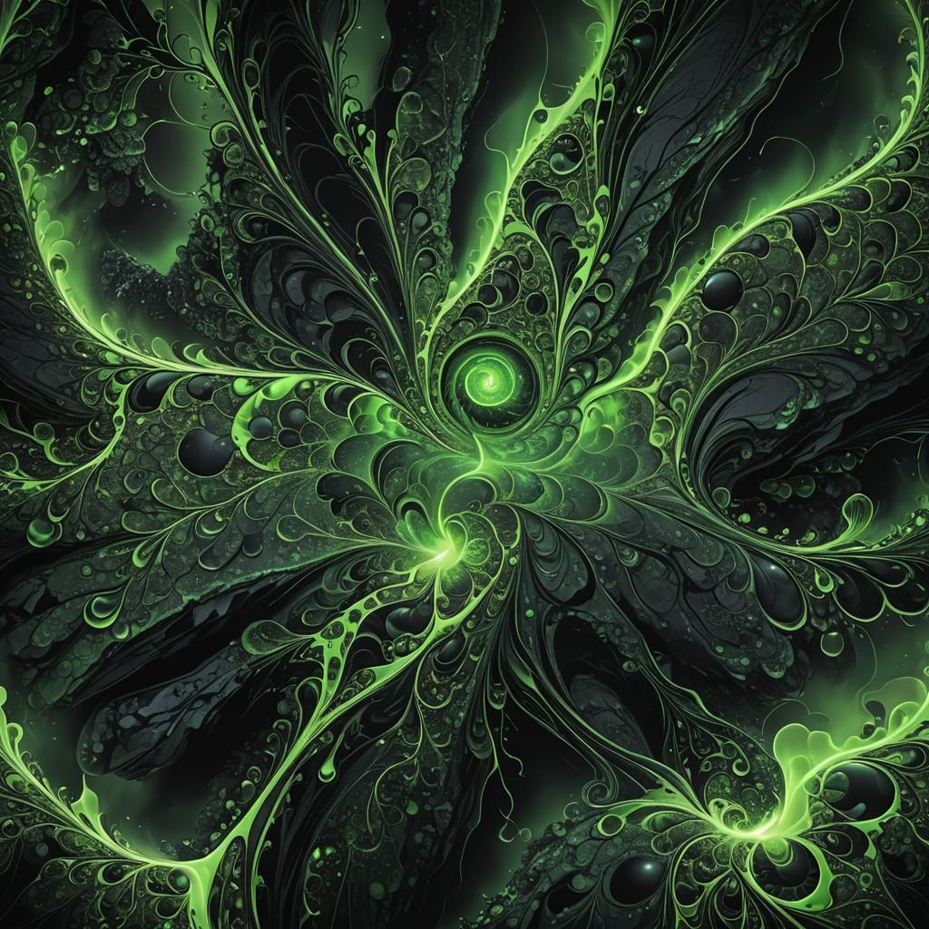 Glowing Green Tear on Black Rock in Abstract Style