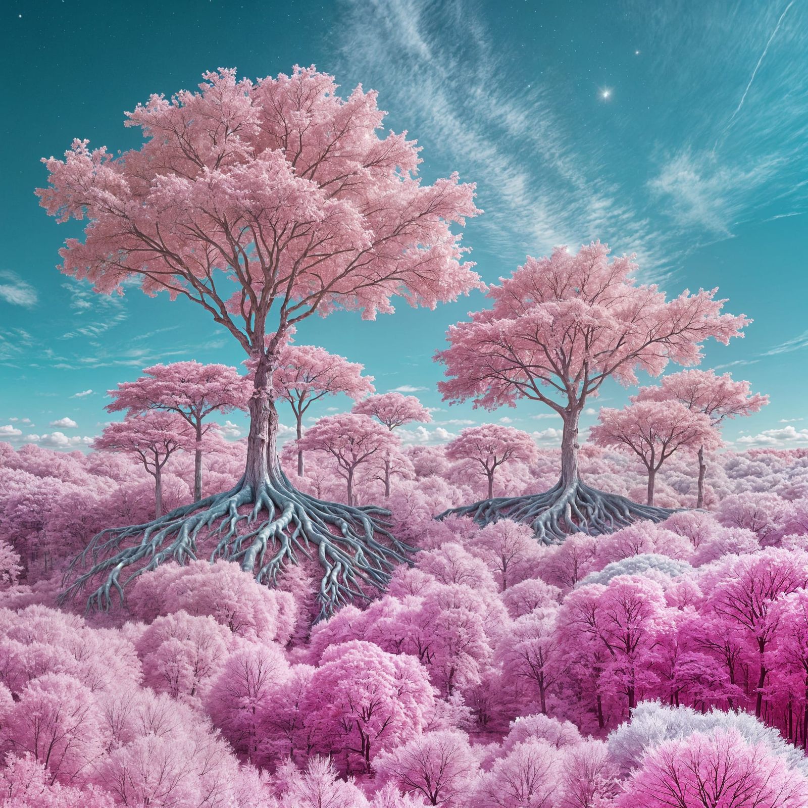Surreal Pink Trees in Dreamlike Infrared Sky