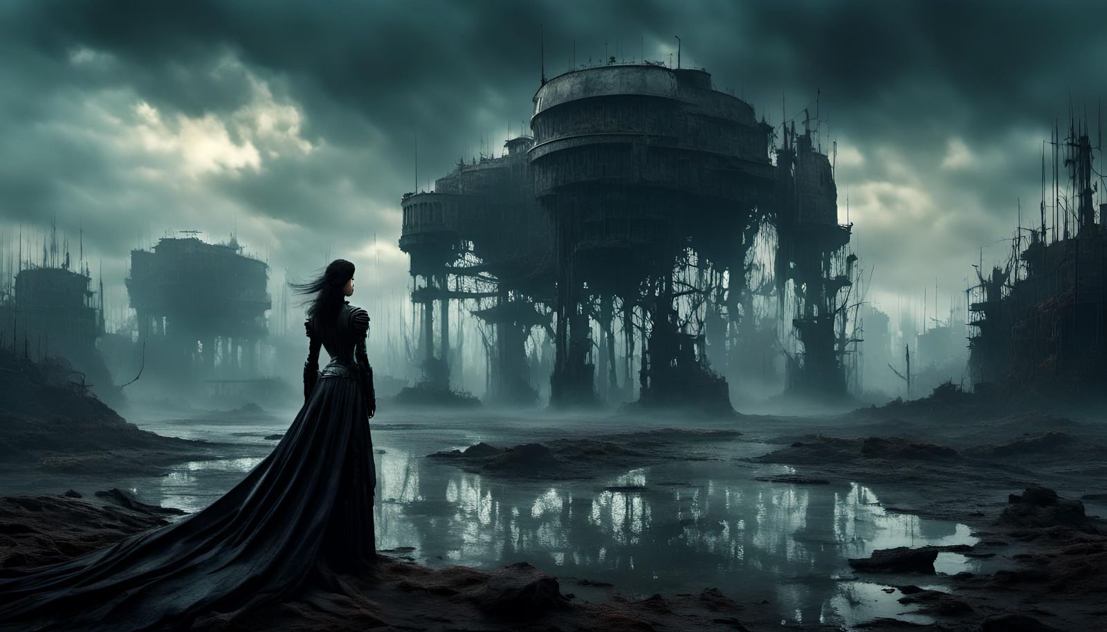 Cyborg Robot Overlooking Dark Sea in Ethereal Style