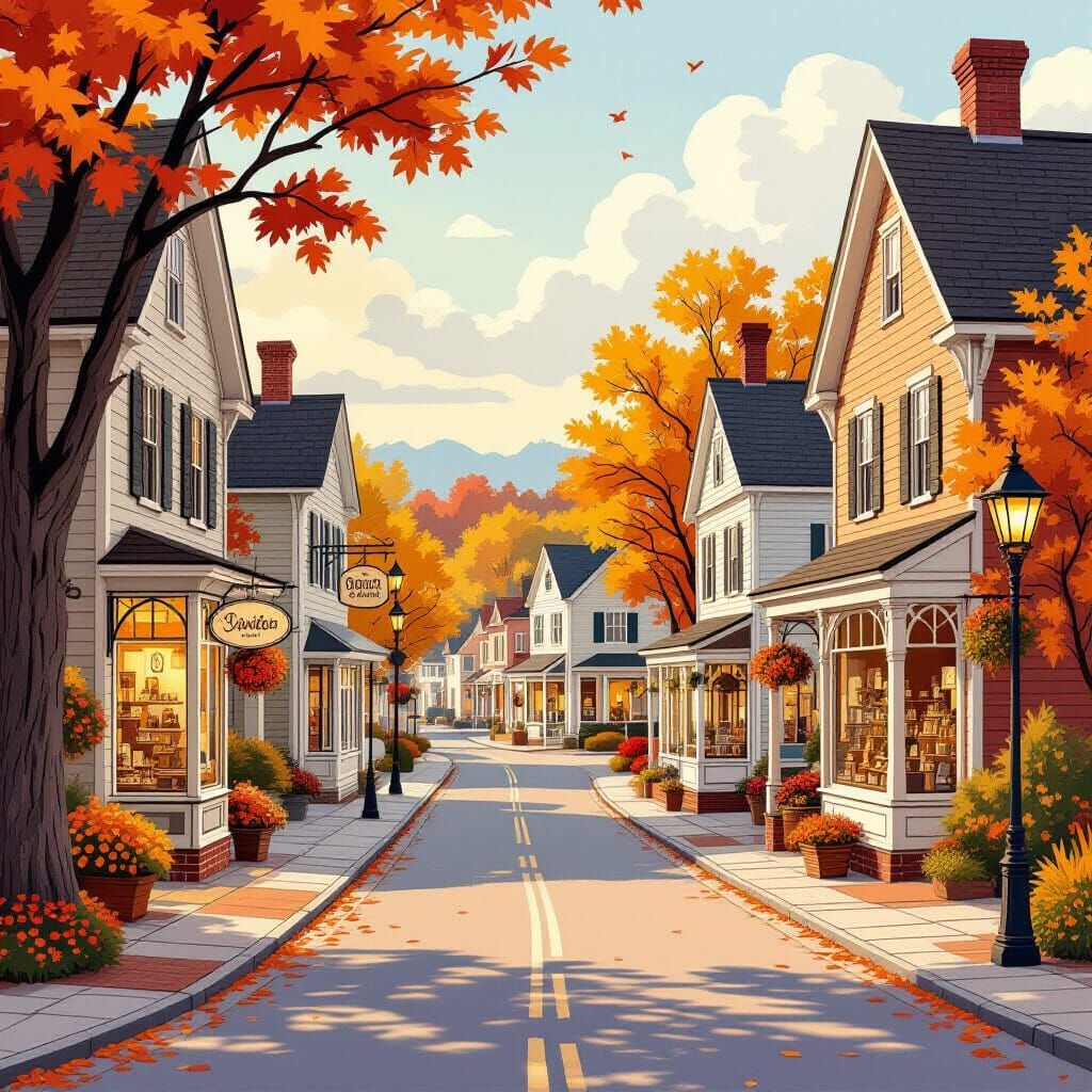 Autumn Town Street Scene in Folk Art Style