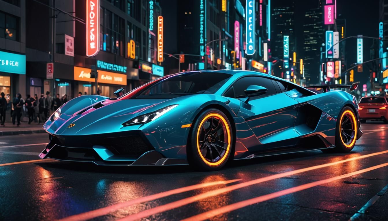 Sleek Futuristic Supercar with Neon Lights at Night