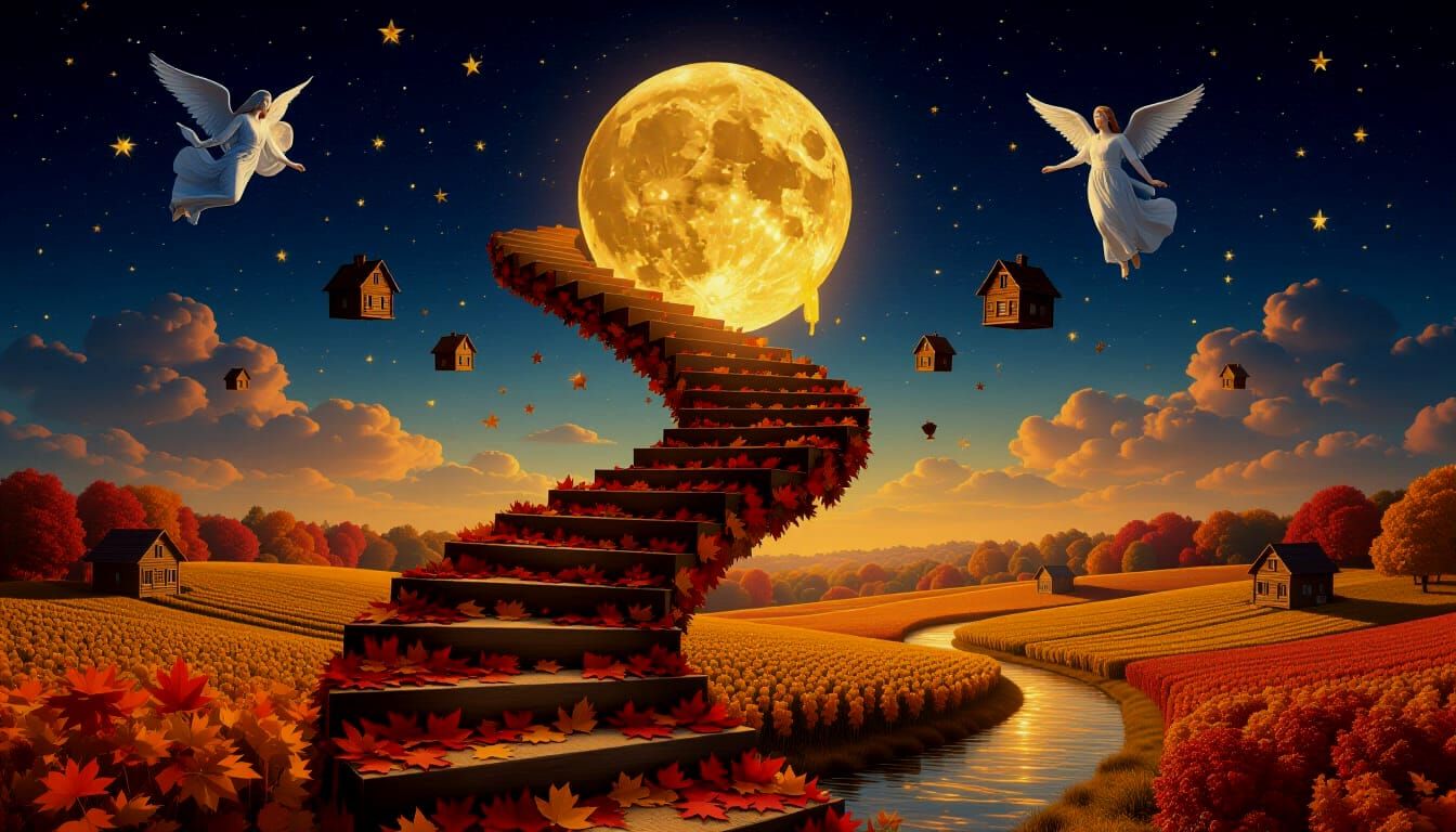 Surreal Autumn Staircase Ascends to Melting Moon
