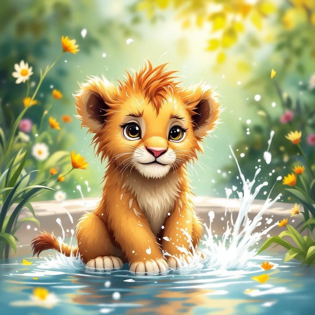 Lion Cub Splashing in Sunny Fountain, Whimsical Illustration