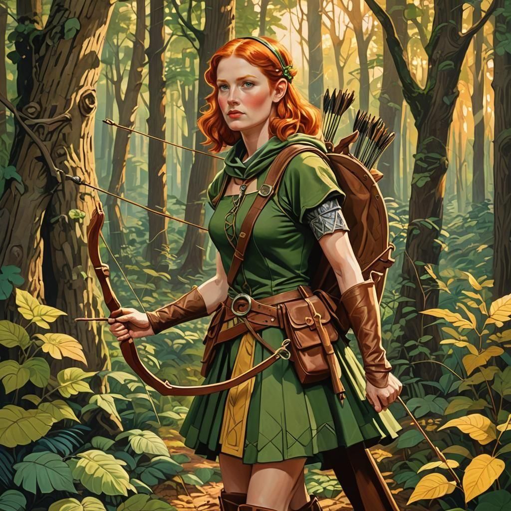 Redhead Woman as Robin Hood in Folk Art Style