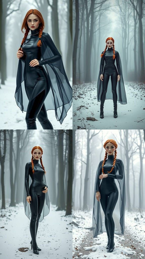 In a fog-laden forest, a striking 25 year old woman stands o...