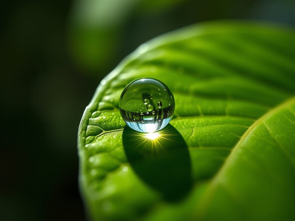 Hyper-Realistic Dewdrop on Leaf: Macro Photography Style