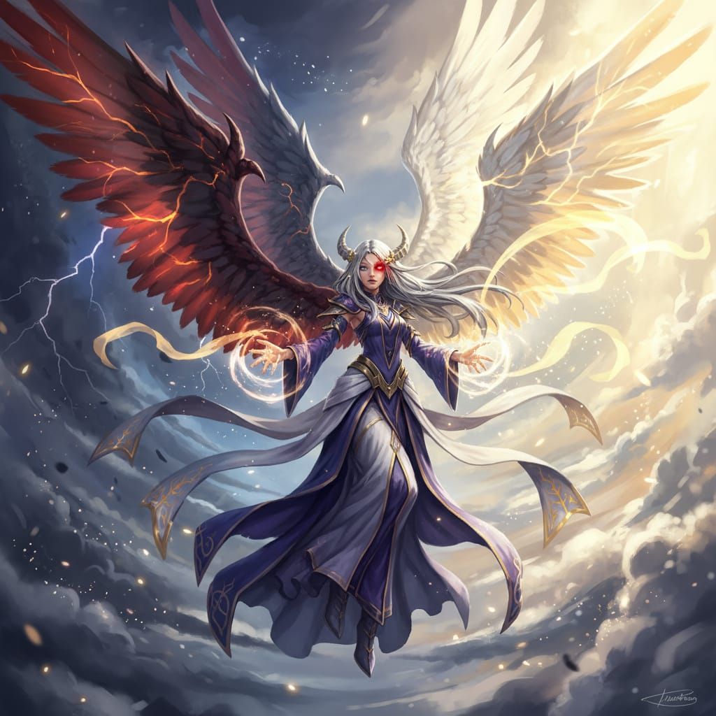 Mastemon with Demonic and Angelic Wings in Digital Art Style