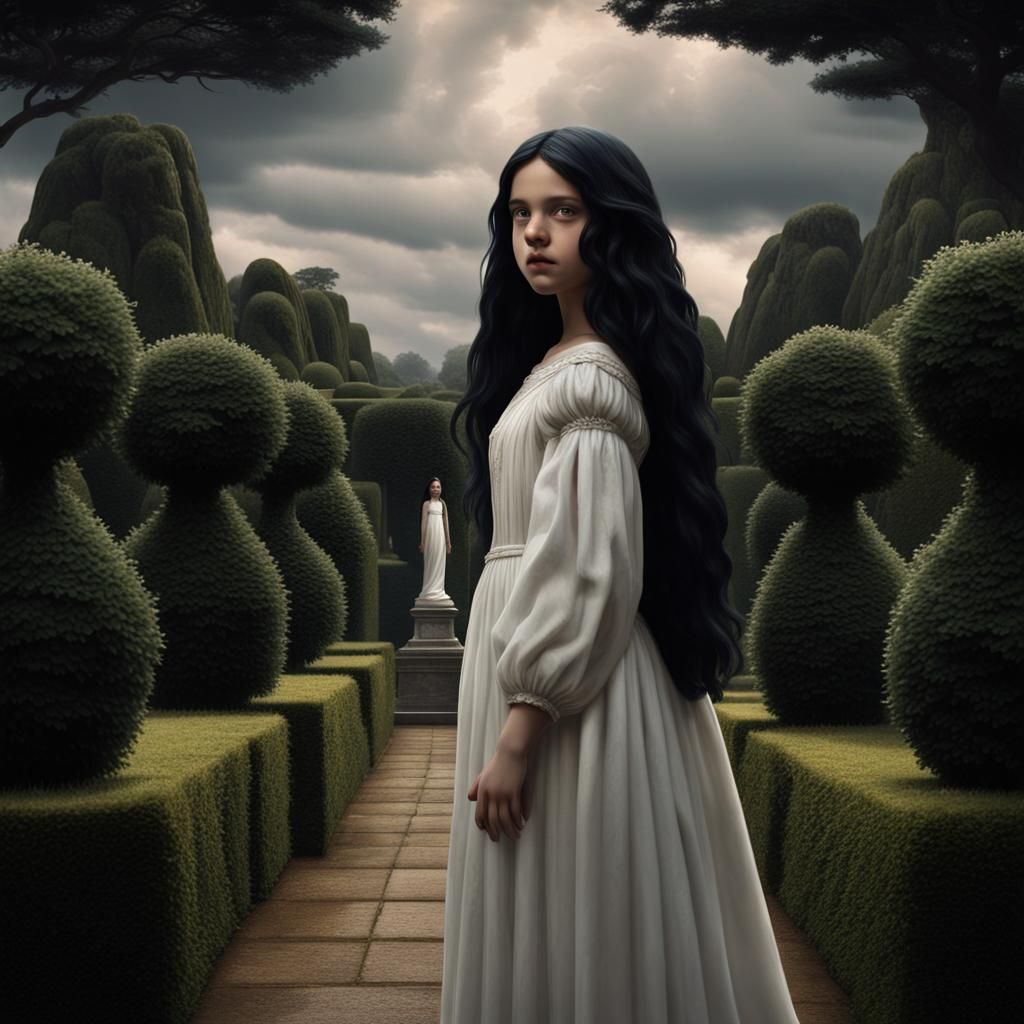 Child in Stormy Garden, Pre-Raphaelite Matte Painting