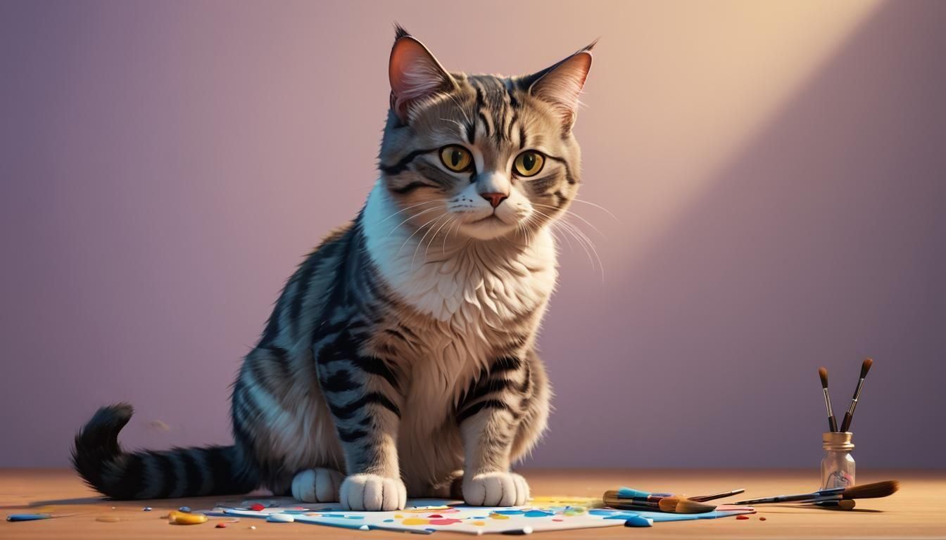 Cat Painting a Masterpiece: Pixar-Style 3D Art