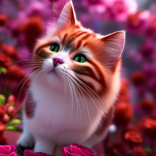 Cute Cat in Roses: Fantasy Concept Art