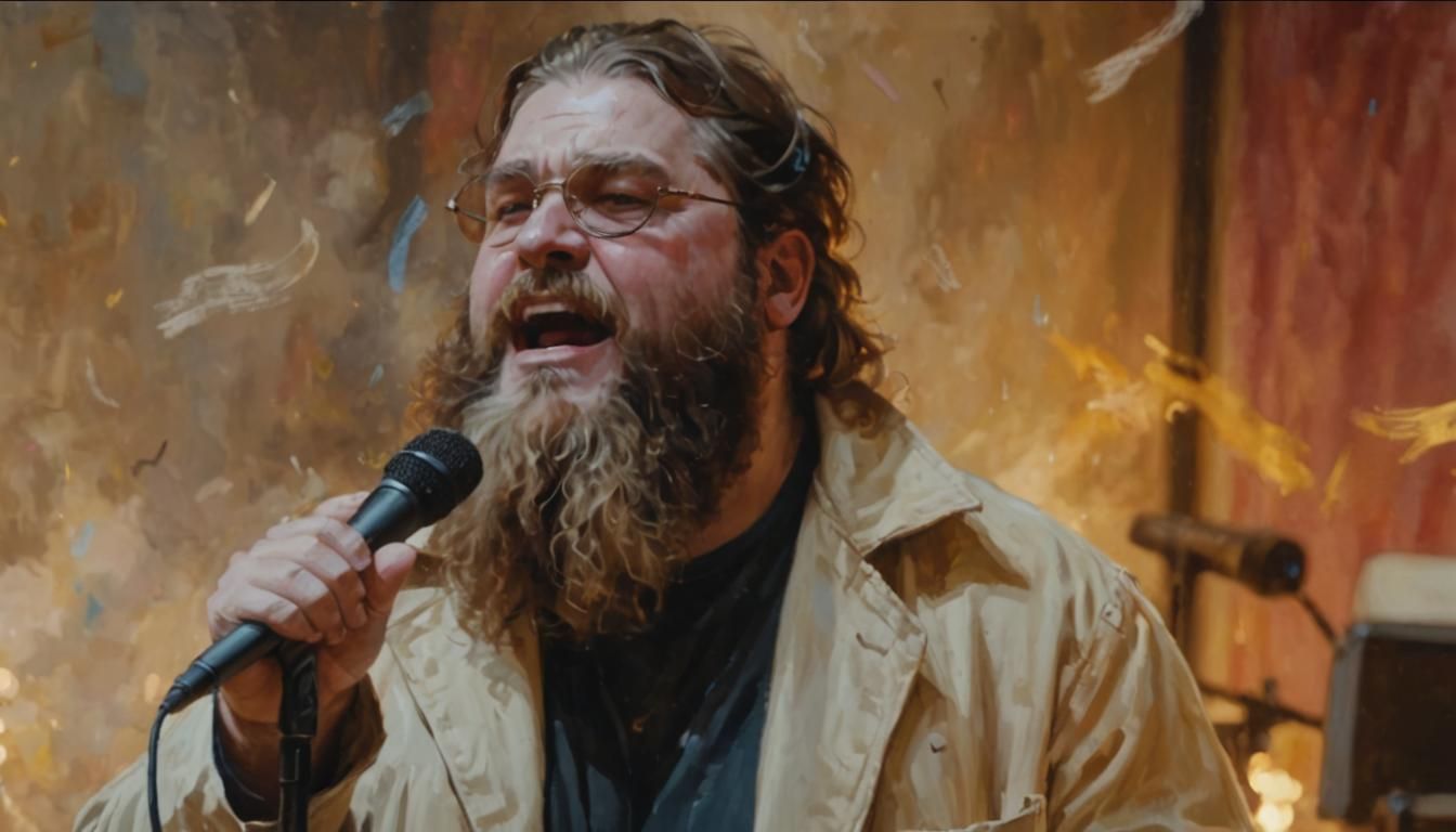 Bearded Singer on Stage: Hyperdetailed Oil Painting