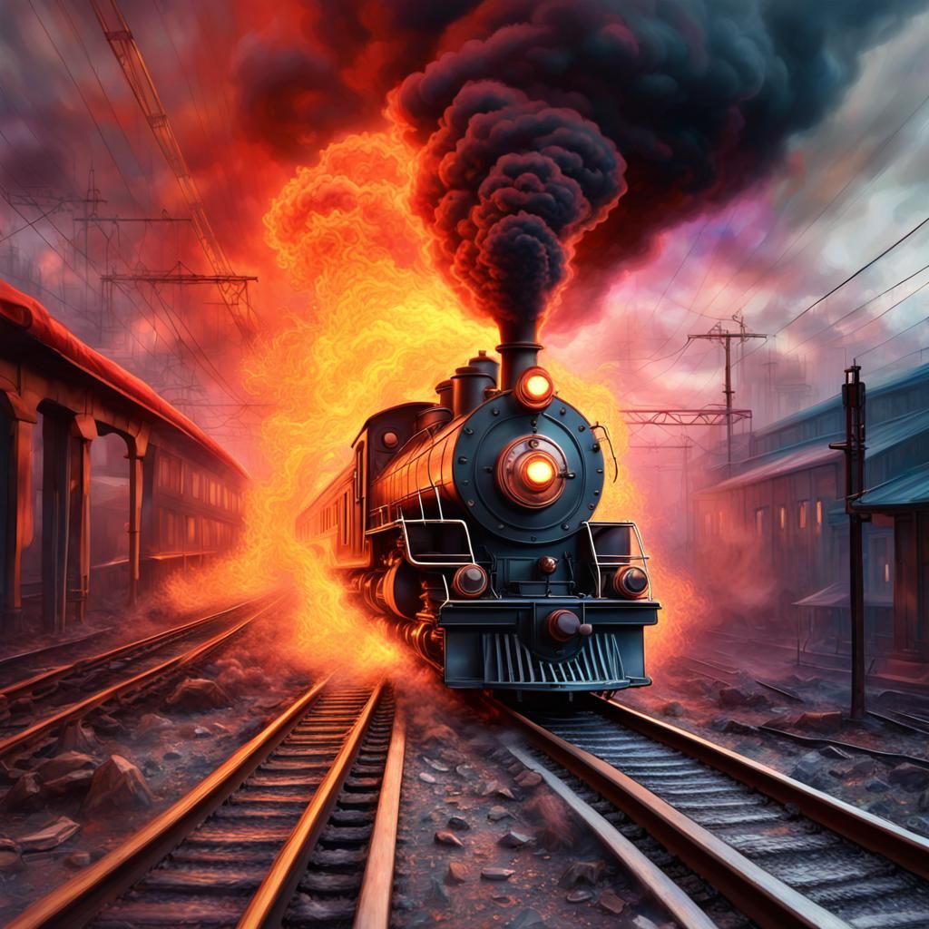 Burning Clockpunk Train Rides the Rails in Detailed Matte Pa...