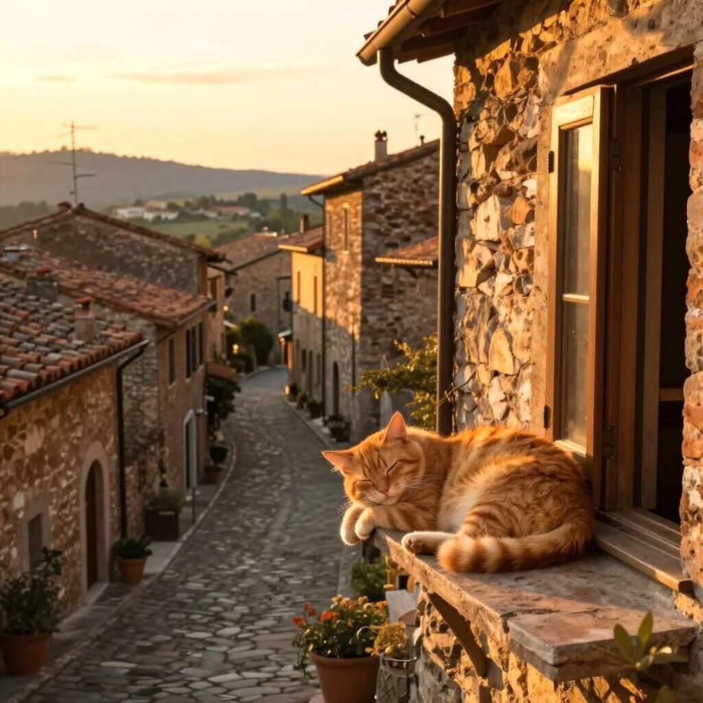 Fluffy Cat Sleeps in Sunlit Italian Village Window